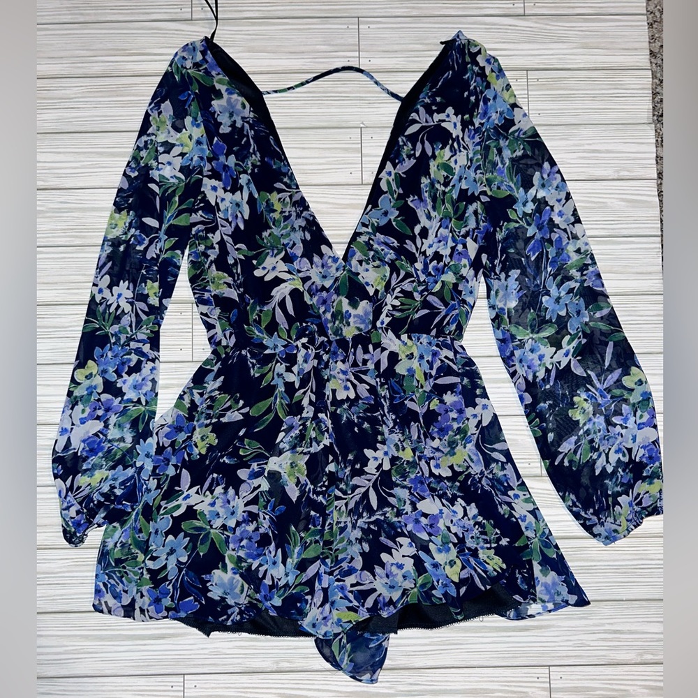 Embrace Blue Floral Womens Stretch Cute Romper Dress